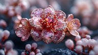 Delicate pink cherry blossom flowers with water drops in early spring morning light, macro photography showing intricate petals and dewdrops on blurred background.