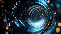 Glowing blue spiral tunnel with digital particles and bokeh lights creating futuristic vortex effect against dark background. Abstract technology concept.