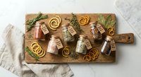 Artisanal spice jars with cork stoppers and kraft labels arranged on rustic wooden cutting board with herbs and pasta spirals for culinary styling.