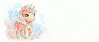 Cute cartoon unicorn with rainbow mane and horn on watercolor splash background, isolated on white for children's designs and fantasy projects.