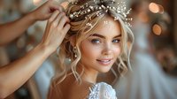 Blonde bride with pearl hair accessory smiling during wedding preparation as stylist arranges her elegant updo hairstyle.