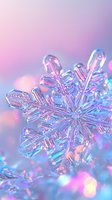 Macro shot of crystal snowflake with pink and blue bokeh background. Delicate frozen ice crystal structure shows intricate natural winter pattern in pastel colors.