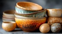 Handcrafted ceramic bowls and spheres in earthy tones of orange, blue, and brown with rustic glazed finish on dark background, showing artisanal pottery collection.