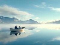 Two people rowing small white boat on misty mountain lake at dawn, peaceful water reflection creates mirror effect against serene landscape background.