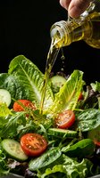 Pouring golden olive oil over fresh salad with lettuce, tomatoes, and cucumbers on black background for cooking and healthy eating concepts.