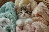 Adorable tabby kitten nestled in soft pastel blankets, looking up with bright eyes and pink nose, cozy pet portrait showing white paws against plush fabric textures.