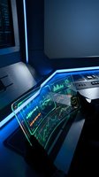 Futuristic transparent tablet with glowing neon data charts held in a dark high-tech control room, showcasing advanced digital interface.
