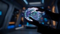 Hands holding glowing digital brain with neural networks and data connections in futuristic technology environment for AI and machine learning concepts.