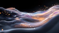 Ethereal flowing waves with glowing orange and purple particles against dark background create magical abstract composition for luxury branding and design projects.