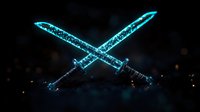 Glowing crossed swords with magical blue energy effect against dark background, fantasy warrior weapons with ethereal light trails and particle effects.