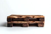 Rustic wooden pallet miniature isolated on white background, showing weathered texture and industrial design elements for creative commercial projects.