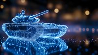 Glowing blue hologram of military tank with digital particle effects against dark background with bokeh lights creates futuristic warfare concept.