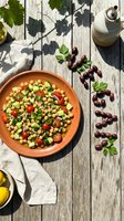 Fresh chickpea salad with cherry tomatoes, cucumber, red onion, and parsley in a terracotta bowl on a rustic wooden table in sunlight.