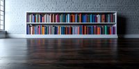 Modern minimalist bookshelf with colorful books against white brick wall, dark hardwood flooring reflects ambient light creating contemporary library atmosphere.