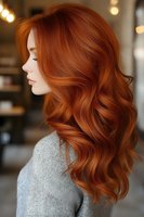 Side profile of woman with vibrant copper red wavy hair wearing gray sweater in salon setting with soft bokeh lights in background.