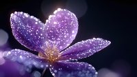 Purple flower petals covered in sparkling water droplets with soft bokeh background creating romantic and dreamy atmosphere for wellness designs.