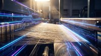 Futuristic digital highway with glowing light trails and data streams flowing through modern urban infrastructure representing high-speed connectivity and technology.
