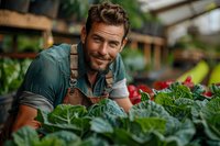 Caucasian male farmer in apron smiling while tending to organic vegetables in greenhouse. Fresh produce and sustainable agriculture concept for farm-to-table business.