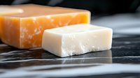 Artisanal soap bars on dark marble surface with soft lighting, showcasing natural handmade skincare products in minimalist composition for wellness and spa.