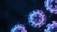 Microscopic virus cells floating in dark blue space with glowing purple and blue light effects for medical research and healthcare education materials.