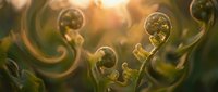 Unfurling fern fronds with golden sunlight filtering through, showcasing delicate spiral fiddleheads in nature for botanical and environmental designs.