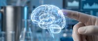Hand touching glowing digital brain hologram in modern laboratory setting representing artificial intelligence, neuroscience research and medical technology innovation.