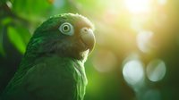 Green parrot portrait with bright eye against blurred natural bokeh background in sunlight, close-up view showing detailed feathers and curved beak.
