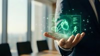 Businessman holding glowing green holographic artificial intelligence interface with neural network symbols and digital data visualization in modern office environment.