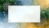 Watercolor frame with ornate floral border and blank white space for text or design elements on colorful blue green yellow background.