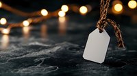 Blank white tag with twine string hanging against dark background with soft glowing bokeh lights creating magical holiday atmosphere.