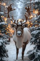 Majestic reindeer with large antlers standing between snow-covered pine trees at dusk, with warm glowing bokeh lights creating magical winter atmosphere.