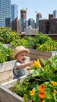 Young toddler boy in straw hat exploring rooftop garden with blooming flowers and vegetables, urban skyline with construction cranes in background. Urban farming and sustainable living concept.