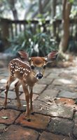 Young spotted fawn standing on brick path in forest setting with blurred natural background, showing curious expression and detailed white spots on brown coat.