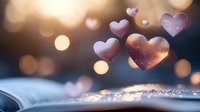 Romantic hearts floating above open book with warm bokeh lights creating magical atmosphere for love stories and Valentine's Day celebrations.