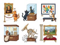 Dogs and cats exploring museum exhibits, viewing artwork and sculptures in gallery settings. Suitable for educational content, children's books, pet-related publications, and cultural institution marketing materials.