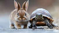 Young brown rabbit and turtle sitting together on ground showcasing friendship between different animal species in natural outdoor setting.