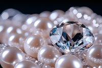 Brilliant cut diamond with soft blue tones resting on lustrous white pearls against dark background, creating elegant luxury jewelry composition with bokeh effects.