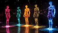 Glowing holographic figures connected by light beams stand in row against dark background, representing digital network and human connectivity in modern technology age.