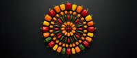 Colorful bell peppers arranged in circular mandala pattern on dark background for healthy eating and vegetarian cooking concepts.