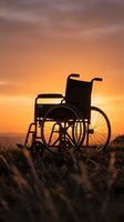 Silhouette of empty wheelchair in field at golden hour sunset, symbolizing hope, recovery, and accessibility for medical, healthcare, and rehabilitation concepts.