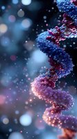 Macro view of DNA spiral structure in blue and pink colors with bokeh effect background and particles. Scientific molecular concept for genetics research and biotechnology.