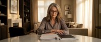 Confident mature businesswoman with glasses working at home office desk reviewing documents and paperwork in modern living room interior.