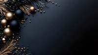 Elegant Christmas corner arrangement with black and gold ornaments, pine cones, and metallic branches on dark background for holiday designs.
