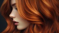 Young woman with flowing copper red wavy hair against dark background, side profile view showing natural makeup and flawless skin texture. Professional beauty portrait.