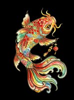 Colorful ornate koi fish with lanterns and floral details, isolated on transparent background. Great for t-shirts, stickers, sublimation, and print on demand.