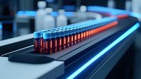 Laboratory test tubes with red samples arranged on automated conveyor system for medical research and diagnostic testing in modern clinical facility.
