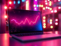 Laptop screen displaying glowing pink graph line against dark background with vibrant bokeh lights, creating modern tech atmosphere with neon aesthetic.