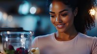 Young African American woman smiling while cooking in modern kitchen with blurred city lights background. Professional culinary lifestyle concept for food blogs.