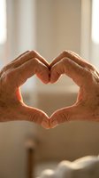 Elderly hands forming heart shape with warm sunlight streaming through fingers creating romantic gesture of love and affection in soft indoor setting.