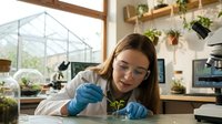 Young female scientist in lab coat and blue gloves examining plant seedling in modern greenhouse laboratory with microscope and botanical research equipment.